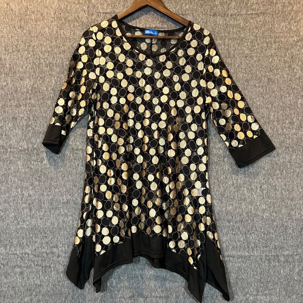 Aster by Firmana Tunic Top Women's‎ Size Large Black Gold Metallic Dots Sheer